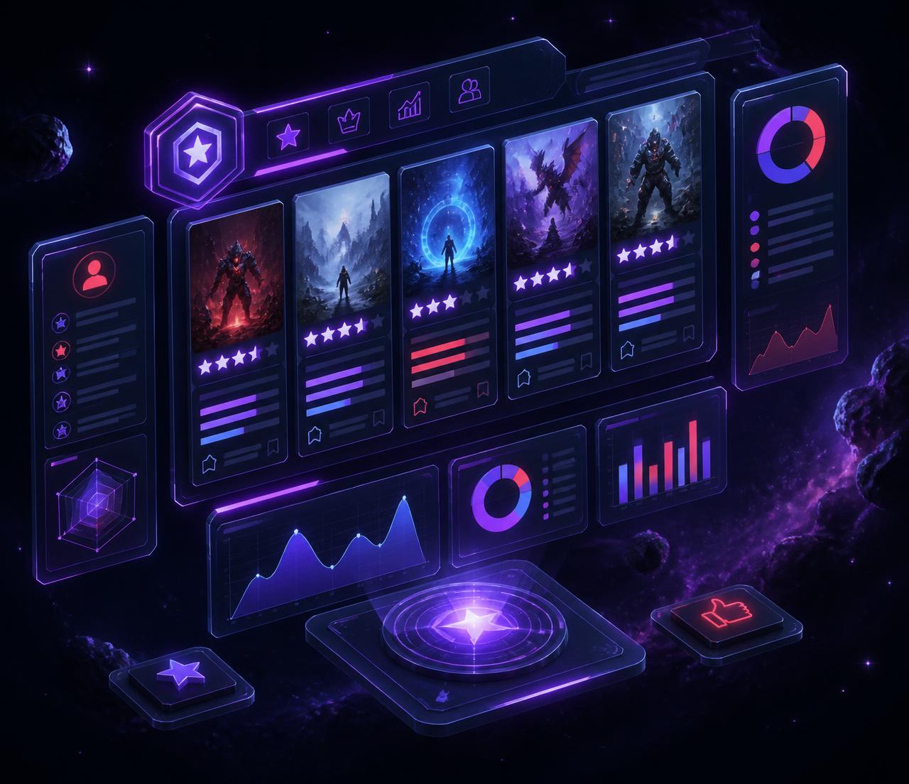 Cosmic review dashboard with game portal rating cards, score bars and analytics panels
